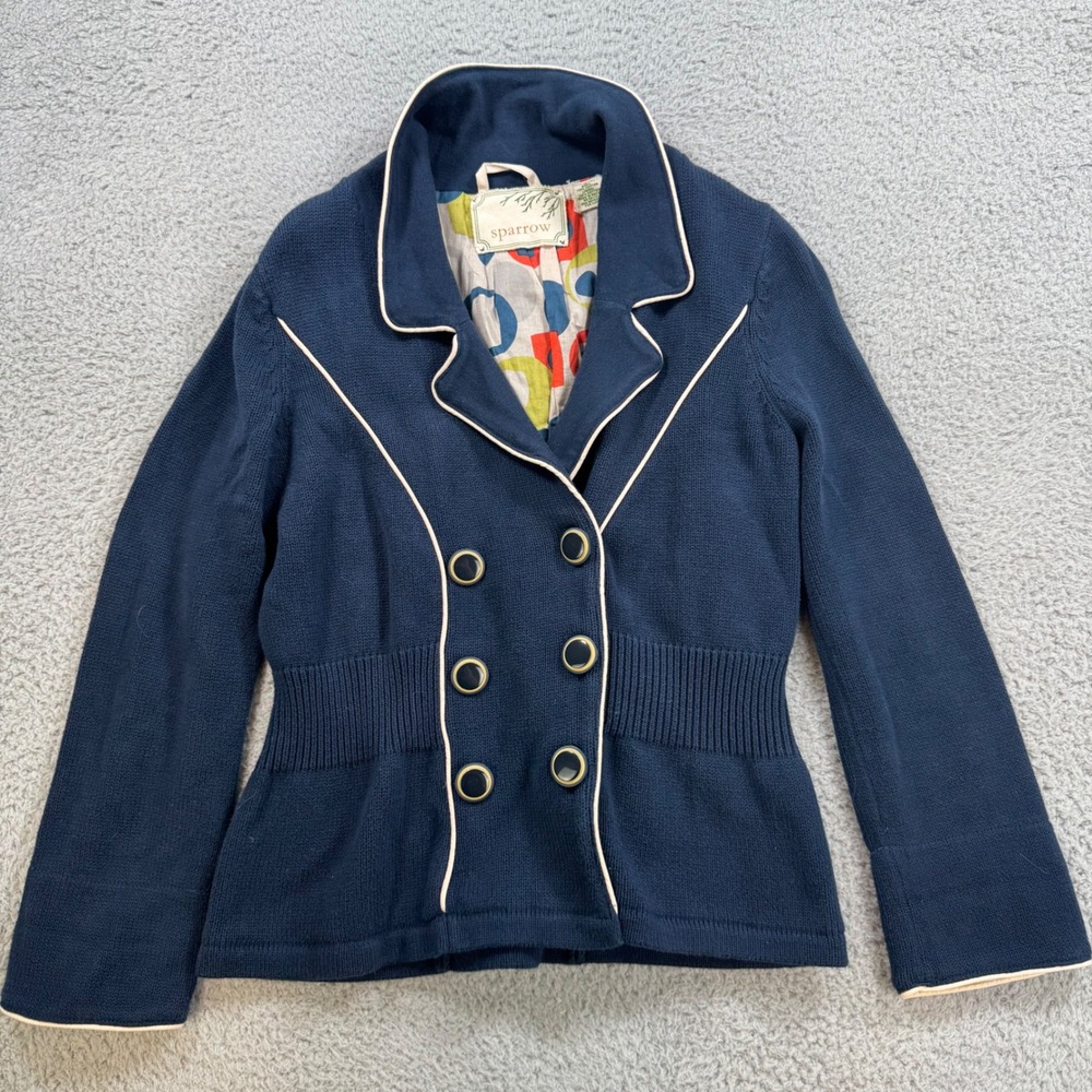 Sparrow Navy Blue Double Breasted Knit Peplum Jacket Blazer Size S